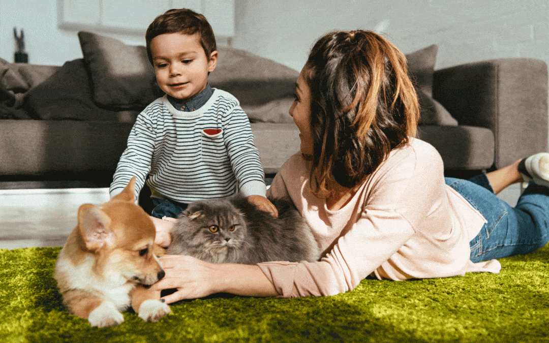 Petit garçon et sa mère jouant par terre avec un chien et un chat
