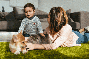 Petit garçon et sa mère jouant par terre avec un chien et un chat