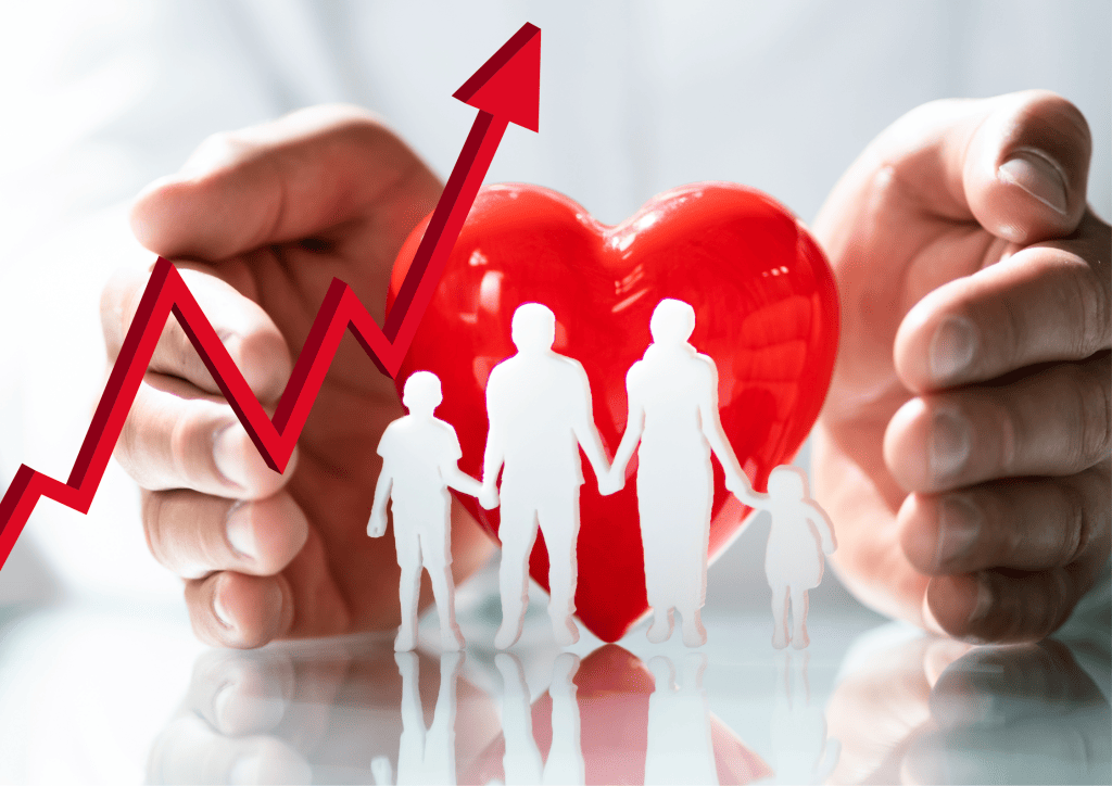 cœur en arrière plan avec ombre d'une famille et courbe statistique croissante